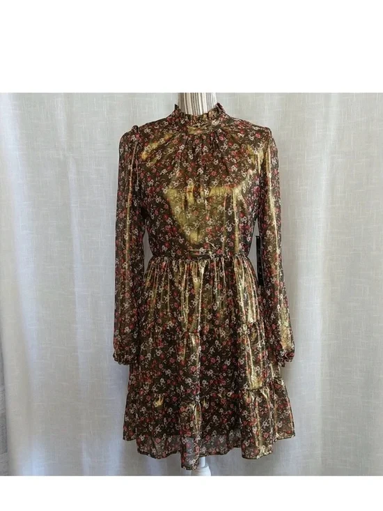 Trixxi Metallic Gold Floral Long-Sleeve Mini Dress - Picture 11 of 11